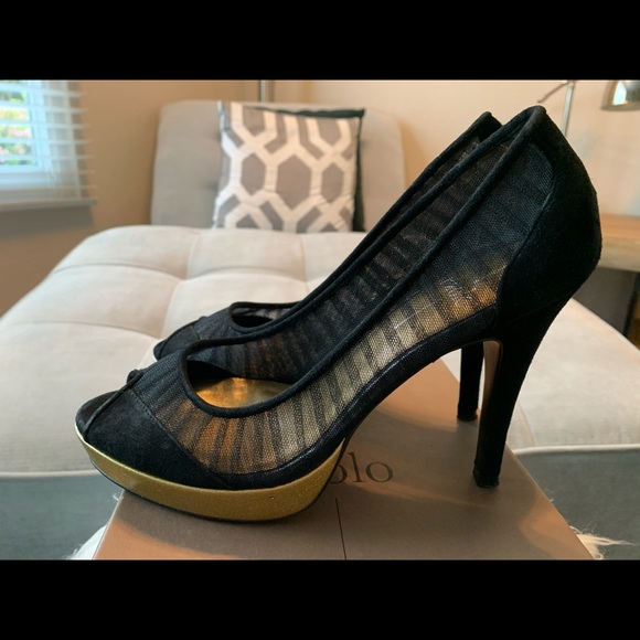 Paolo Linea Black Suede and Mesh, Gold Platform High Heels. US Size 8 - Picture 6 of 8